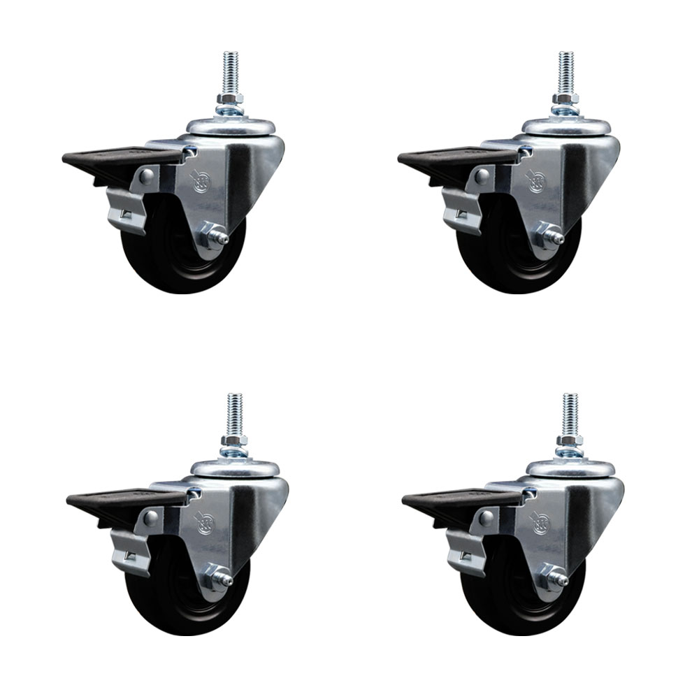Hard Rubber Swivel Threaded Stem Caster Set of 4 w/3" x 1.25" Black Wheels and 3/8" Stems - Includes 4 with Posi Lock Brakes - 1,100 lbs Total Capacity - Service Caster Brand — photo 1