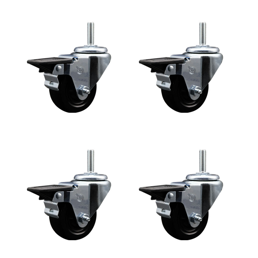 Soft Rubber Swivel Threaded Stem Caster Set of 4 w/3" x 1.25" Black Wheels and 5/8" Stems - Includes 4 with Posi Lock Brakes - 700 lbs Total Capacity - Service Caster Brand — photo 1