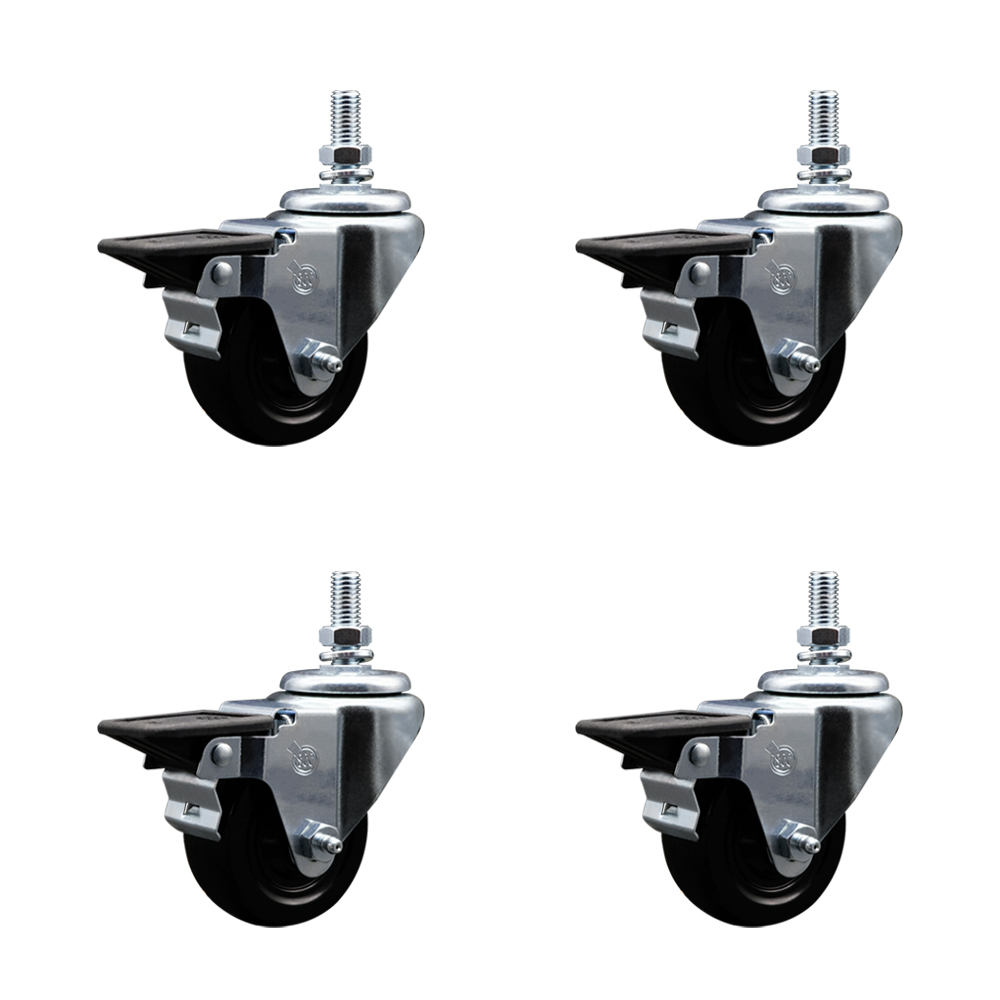 Hard Rubber Swivel Threaded Stem Caster Set of 4 w/3" x 1.25" Black Wheels and 10MM Stems - Includes 4 with Posi Lock Brakes - 1,100 lbs Total Capacity - Service Caster Brand — photo 1