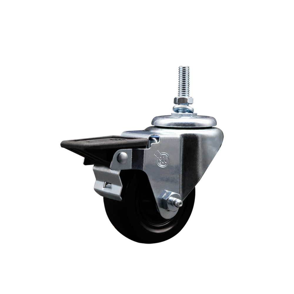 Hard Rubber Swivel Threaded Stem Caster w/3" x 1.25" Black Wheel and 12MM Stem & Posi Locking Brake - 275 lbs Capacity/Caster - Service Caster Brand — photo 1