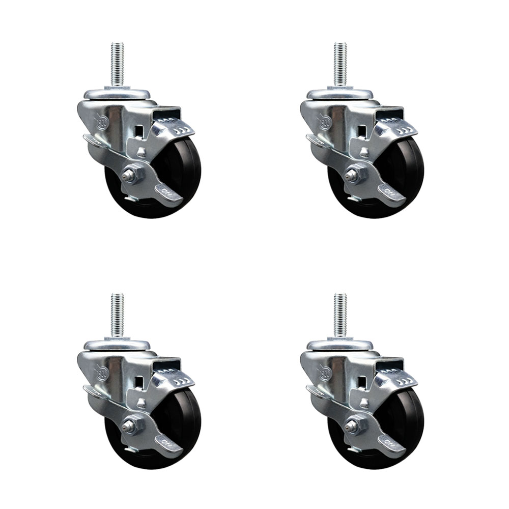 Soft Rubber Swivel Threaded Stem Caster Set of 4 w/3" x 1.25" Black Wheels and 3/4" Stems - Includes 4 with Top Lock Brakes - 700 lbs Total Capacity - Service Caster Brand — photo 1