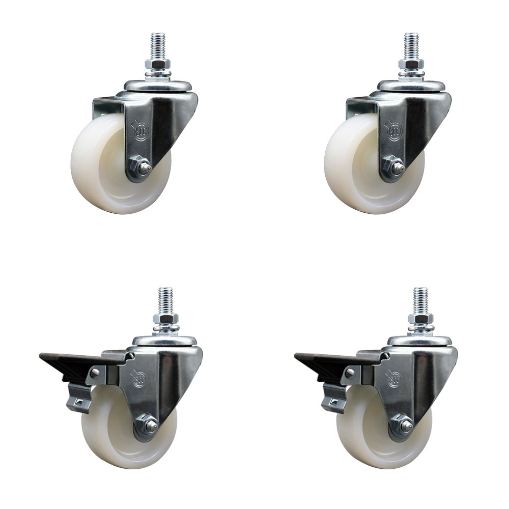 Nylon Swivel Threaded Stem Caster Set of 4 w/3" x 1.25" White Wheels and 1/2" Stems - Includes 2 with Posi Locking Brake - 1200 lbs Total Capacity - Service Caster Brand — photo 1