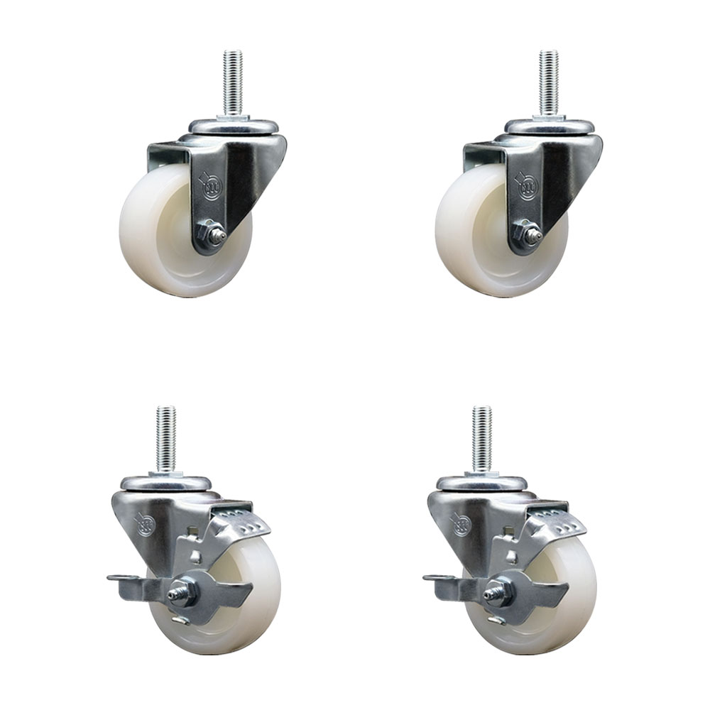 Nylon Swivel Threaded Stem Caster Set of 4 w/3" x 1.25" White Wheels and 3/4" Stems - Includes 2 with Top Locking Brake - 1200 lbs Total Capacity - Service Caster Brand — photo 1