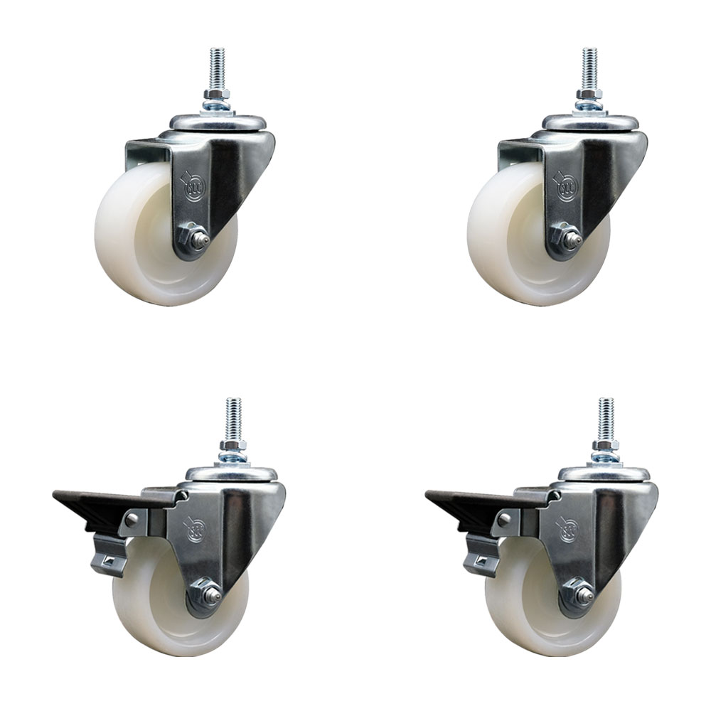 Nylon Swivel Threaded Stem Caster Set of 4 w/3" x 1.25" White Wheels and 3/8" Stems - Includes 2 with Posi Locking Brake - 1200 lbs Total Capacity - Service Caster Brand — photo 1