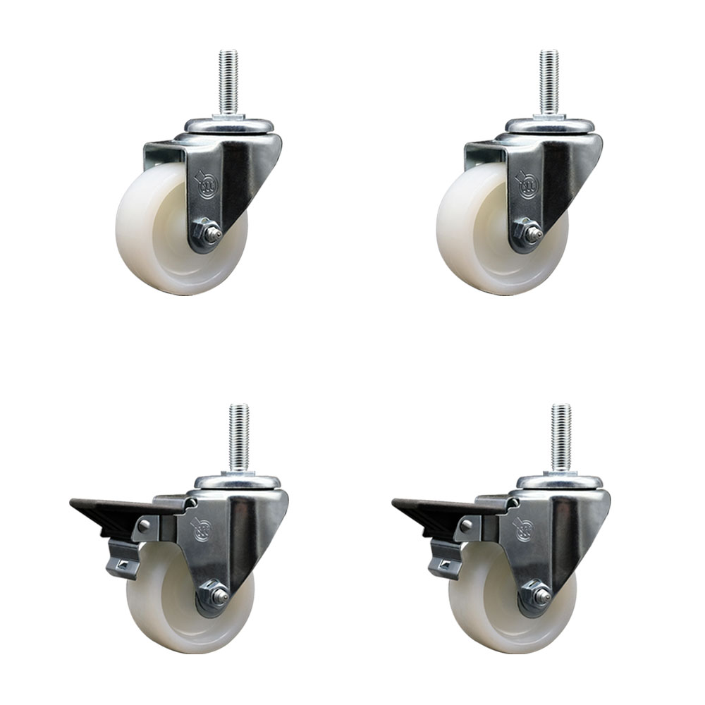 Nylon Swivel Threaded Stem Caster Set of 4 w/3" x 1.25" White Wheels and 5/8" Stems - Includes 2 with Posi Locking Brake - 1200 lbs Total Capacity - Service Caster Brand — photo 1