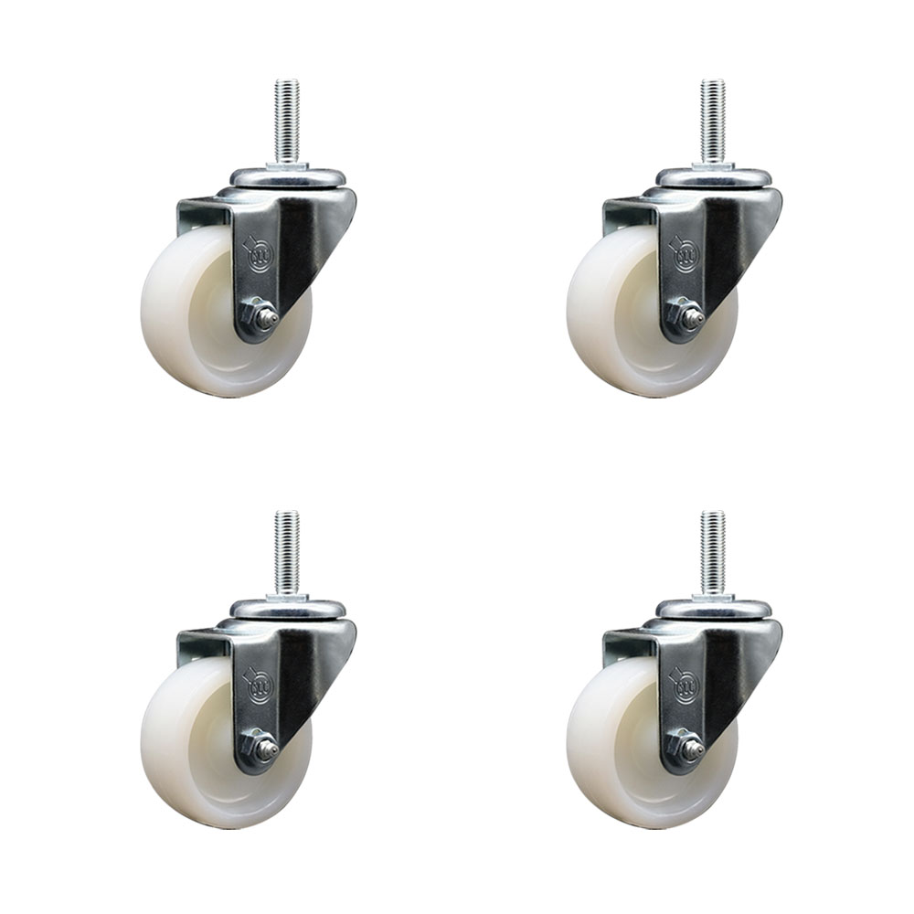 Nylon Swivel Threaded Stem Caster Set of 4 w/3" x 1.25" White Wheels and 1/2" Stems - Includes 4 Swivel - 1200 lbs Total Capacity - Service Caster Brand — photo 1