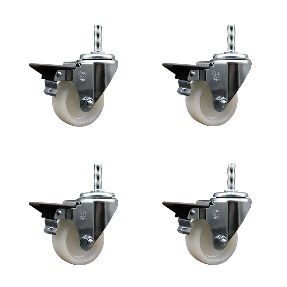 Nylon Swivel Threaded Stem Caster Set of 4 w/3" x 1.25" White Wheels and 3/4" Stems - Includes 4 with Posi Lock Brakes - 1200 lbs Total Capacity - Service Caster Brand — photo 1