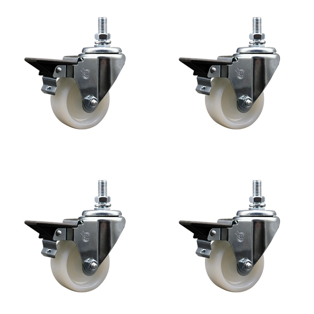 Nylon Swivel Threaded Stem Caster Set of 4 w/3" x 1.25" White Wheels and 10MM Stems - Includes 4 with Posi Lock Brakes - 1200 lbs Total Capacity - Service Caster Brand — photo 1