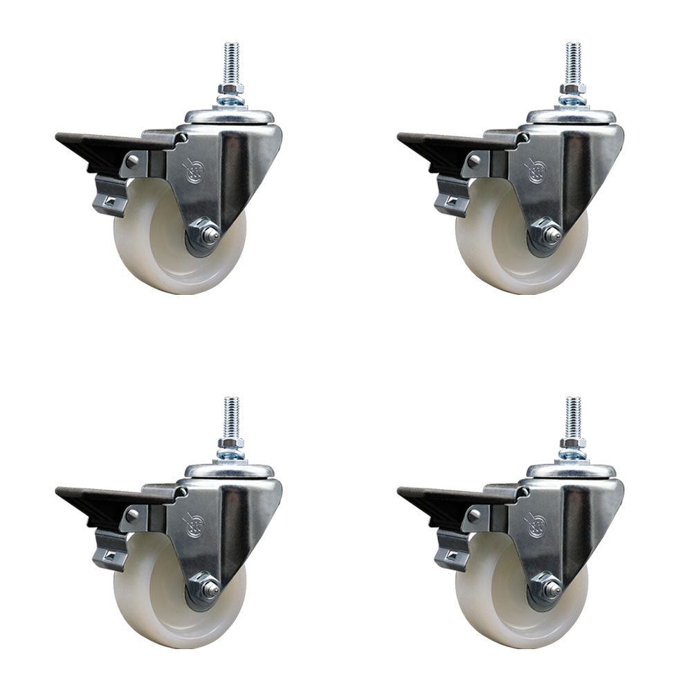 Nylon Swivel Threaded Stem Caster Set of 4 w/3" x 1.25" White Wheels and 12MM Stems - Includes 4 with Posi Lock Brakes - 1200 lbs Total Capacity - Service Caster Brand — photo 1