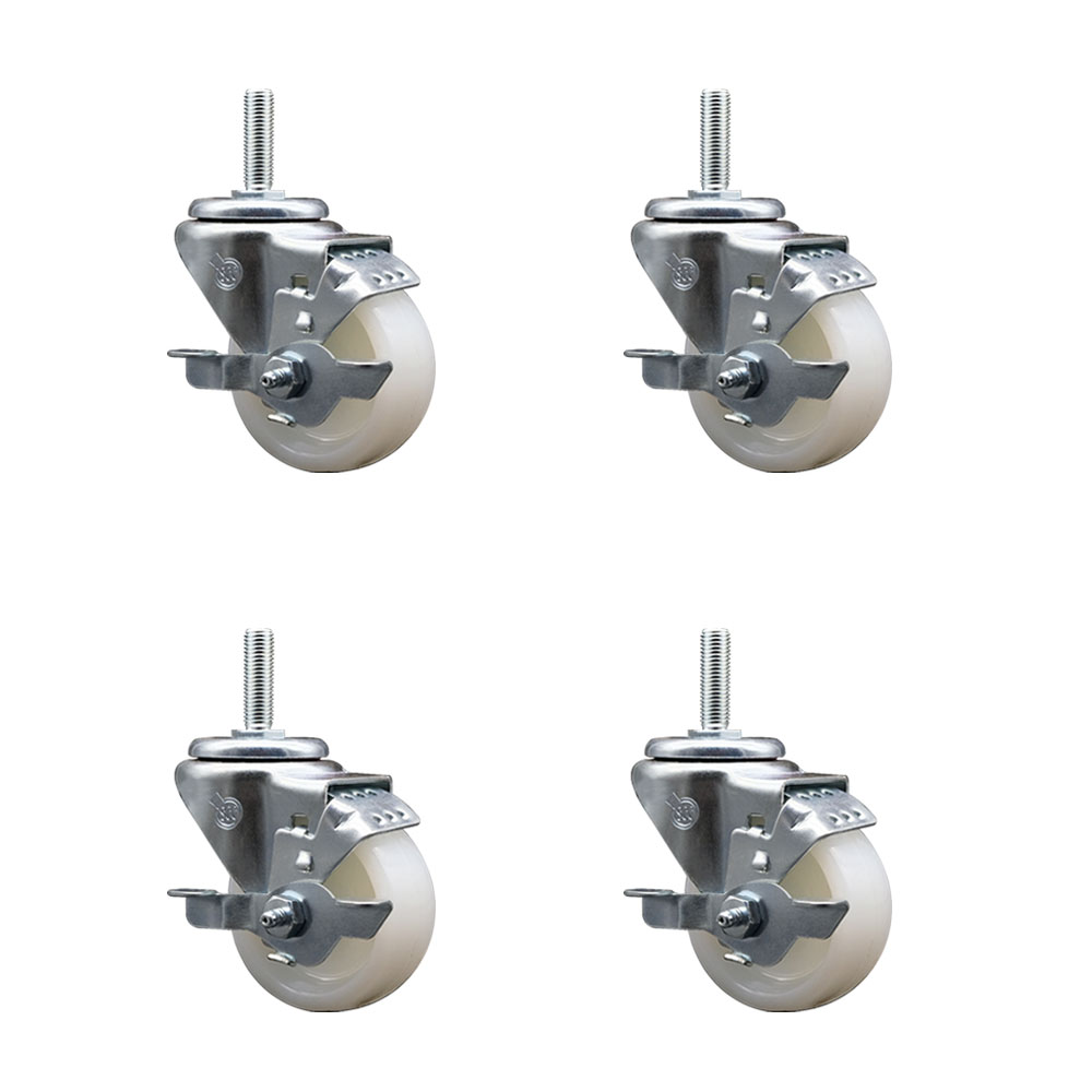 Nylon Swivel Threaded Stem Caster Set of 4 w/3" x 1.25" White Wheels and 3/4" Stems - Includes 4 with Top Lock Brakes - 1200 lbs Total Capacity - Service Caster Brand — photo 1