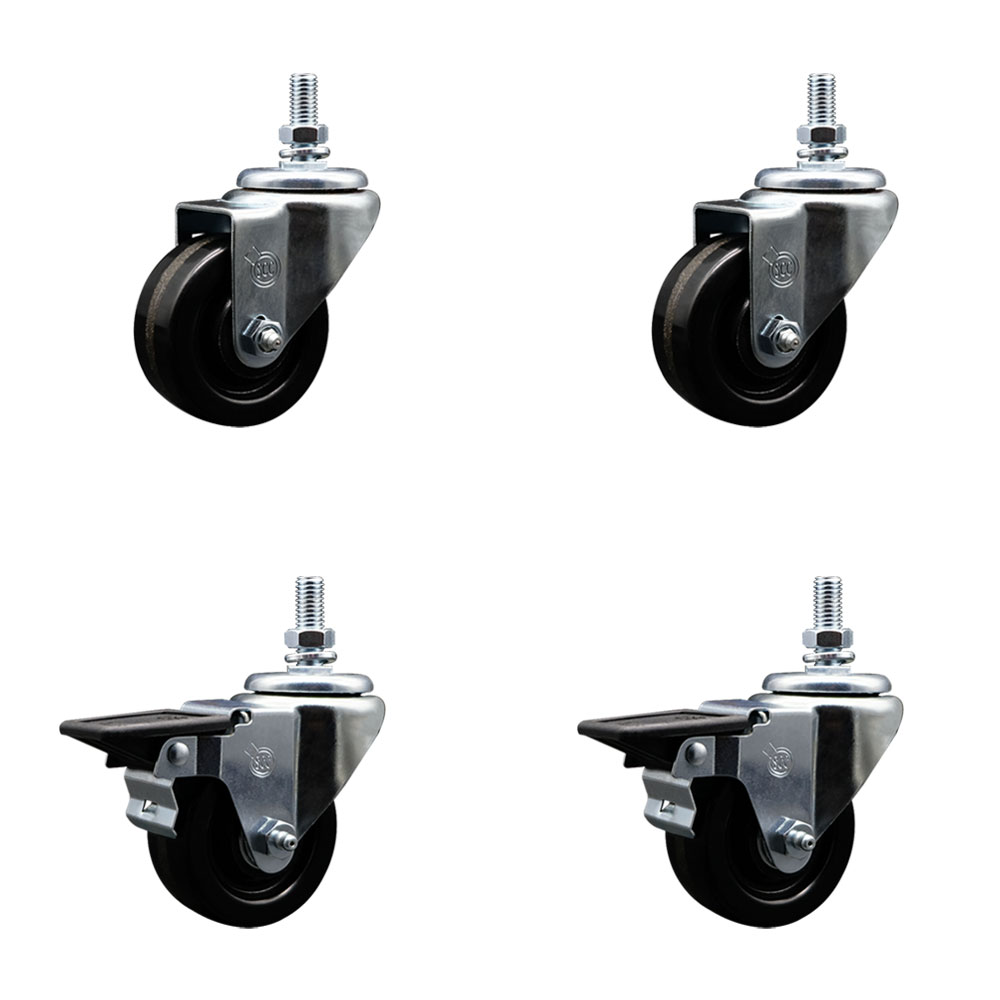 Phenolic Swivel Threaded Stem Caster Set of 4 w/3" x 1.25" Black Wheels and 1/2" Stems - Includes 2 with Posi Locking Brake - 1200 lbs Total Capacity - Service Caster Brand — photo 1