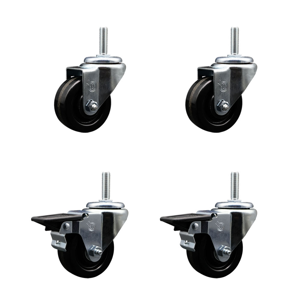 Phenolic Swivel Threaded Stem Caster Set of 4 w/3" x 1.25" Black Wheels and 3/4" Stems - Includes 2 with Posi Locking Brake - 1200 lbs Total Capacity - Service Caster Brand — photo 1