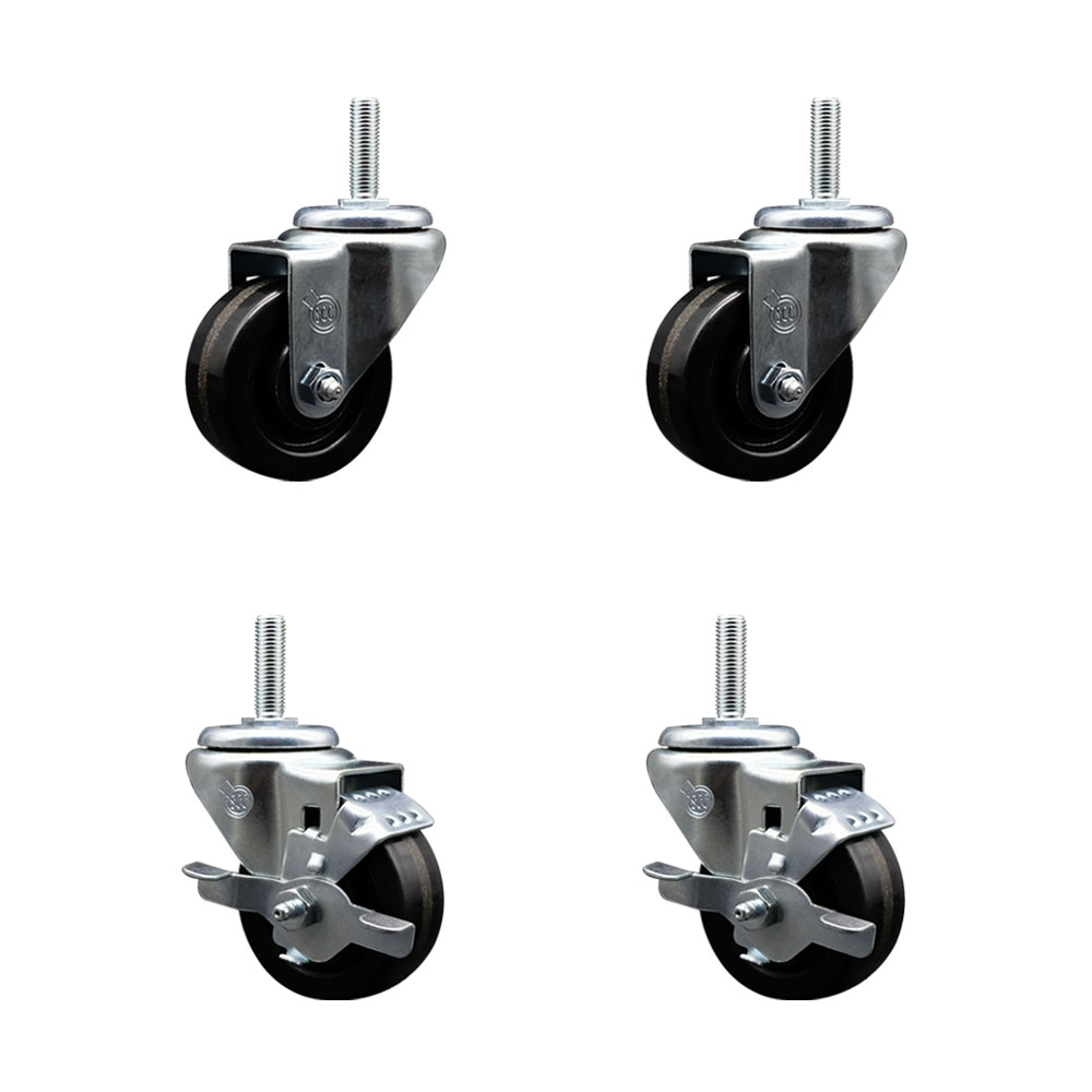 Phenolic Swivel Threaded Stem Caster Set of 4 w/3" x 1.25" Black Wheels and 3/4" Stems - Includes 2 with Top Locking Brake - 1200 lbs Total Capacity - Service Caster Brand — photo 1