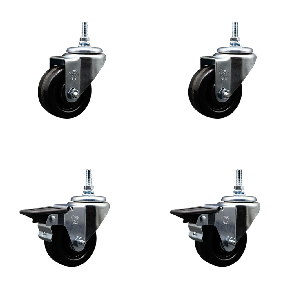 Phenolic Swivel Threaded Stem Caster Set of 4 w/3" x 1.25" Black Wheels and 3/8" Stems - Includes 2 with Posi Locking Brake - 1200 lbs Total Capacity - Service Caster Brand — photo 1
