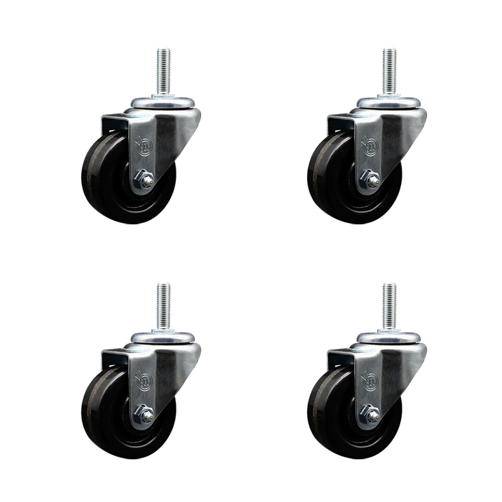 Phenolic Swivel Threaded Stem Caster Set of 4 w/3" x 1.25" Black Wheels and 5/8" Stems - Includes 4 Swivel - 1200 lbs Total Capacity - Service Caster Brand — photo 1