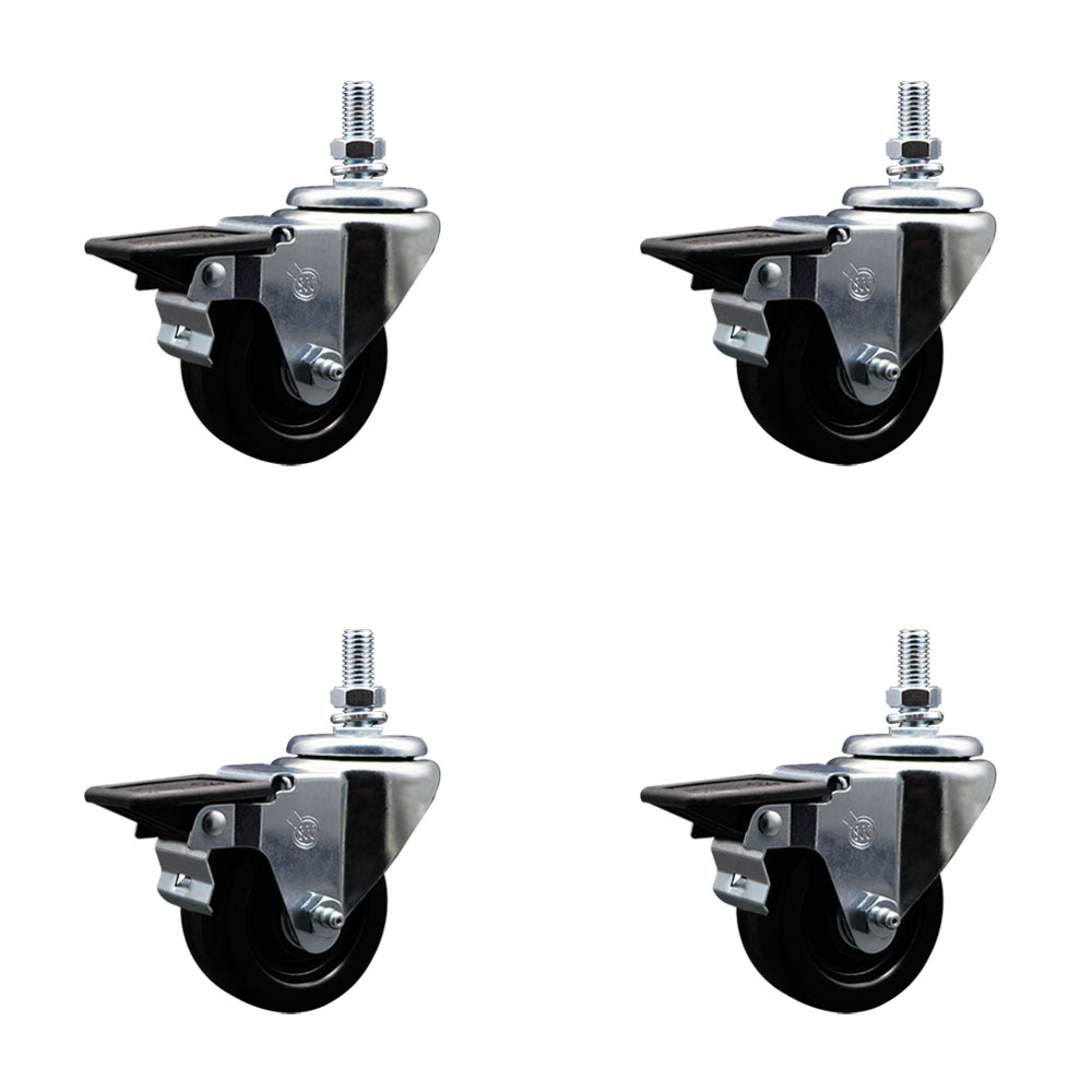 Phenolic Swivel Threaded Stem Caster Set of 4 w/3" x 1.25" Black Wheels and 1/2" Stems - Includes 4 with Posi Lock Brakes - 1200 lbs Total Capacity - Service Caster Brand — photo 1