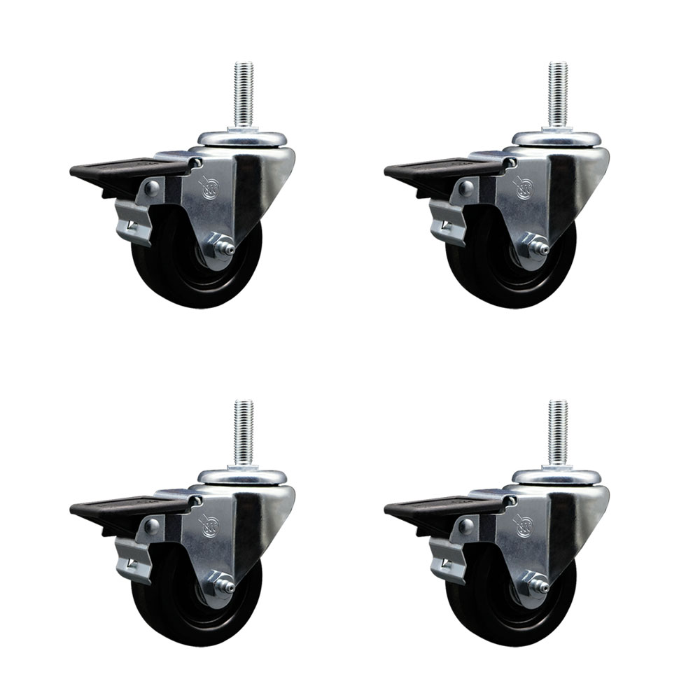 Phenolic Swivel Threaded Stem Caster Set of 4 w/3" x 1.25" Black Wheels and 5/8" Stems - Includes 4 with Posi Lock Brakes - 1200 lbs Total Capacity - Service Caster Brand — photo 1