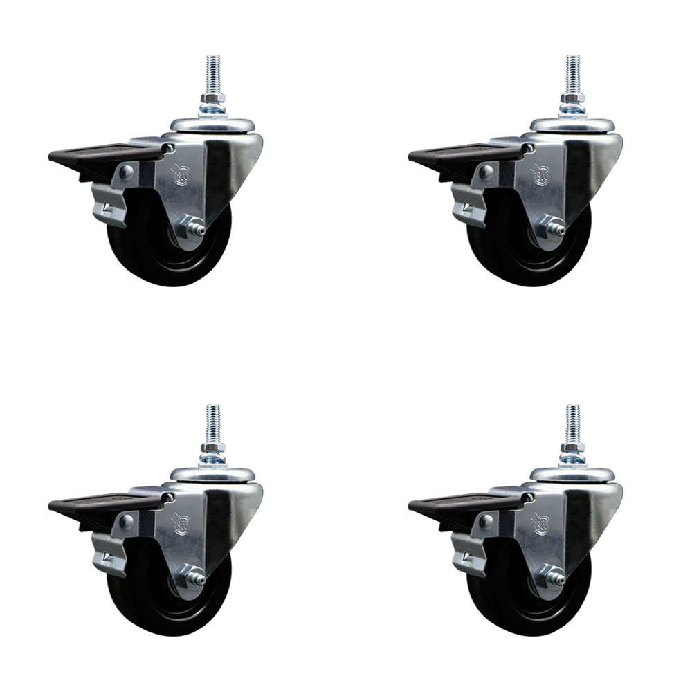 Phenolic Swivel Threaded Stem Caster Set of 4 w/3" x 1.25" Black Wheels and 12MM Stems - Includes 4 with Posi Lock Brakes - 1200 lbs Total Capacity - Service Caster Brand — photo 1