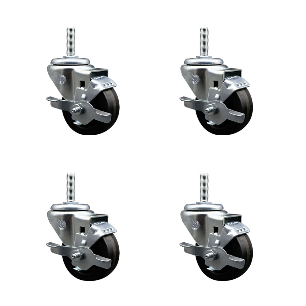 Phenolic Swivel Threaded Stem Caster Set of 4 w/3" x 1.25" Black Wheels and 5/8" Stems - Includes 4 with Top Lock Brakes - 1200 lbs Total Capacity - Service Caster Brand — photo 1