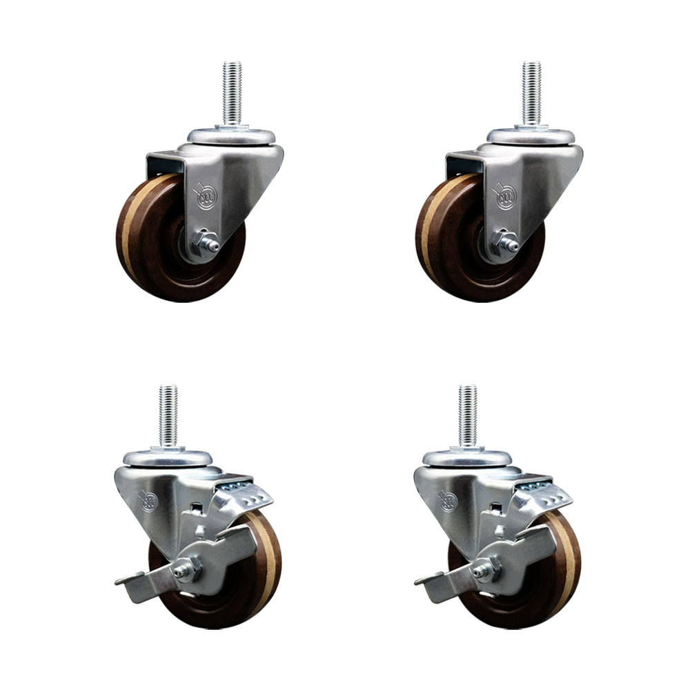 High Temp Phenolic Swivel Threaded Stem Caster Set of 4 w/3" x 1.25" Brown Wheels and 3/4" Stems - Includes 2 with Top Locking Brake - 1200 lbs Total Capacity - Service Caster Brand — photo 1