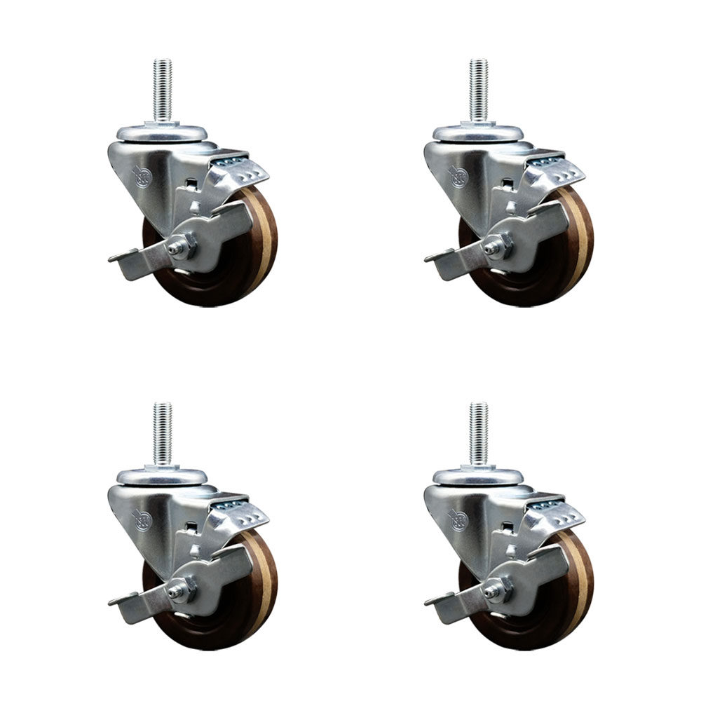 High Temp Phenolic Swivel Threaded Stem Caster Set of 4 w/3" x 1.25" Brown Wheels and 3/4" Stems - Includes 4 with Top Lock Brakes - 1200 lbs Total Capacity - Service Caster Brand — photo 1
