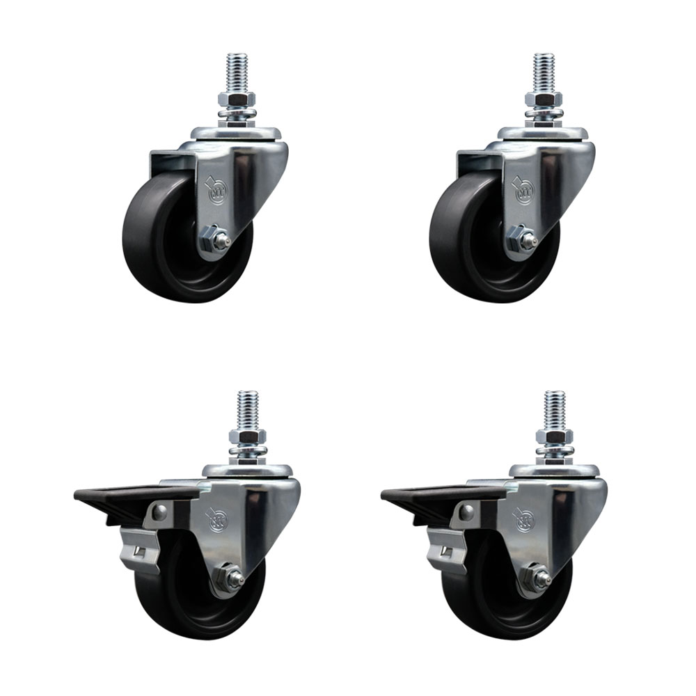 Polyolefin Swivel Threaded Stem Caster Wheels Set of 4 with 3 Inch Black Wheels and 1/2" Stems - Includes 2 with Posi Lock Brakes - 1200 lbs. Total Capacity - Service Caster Brand — photo 1