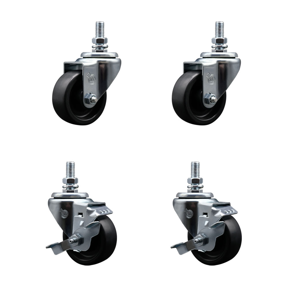 Polyolefin Swivel Threaded Stem Caster Wheels Set of 4 with 3 Inch Black Wheels and 12mm Metric Stems - Includes 2 with Top Lock Brakes - 1200 lbs. Total Capacity - Service Caster Brand — photo 1