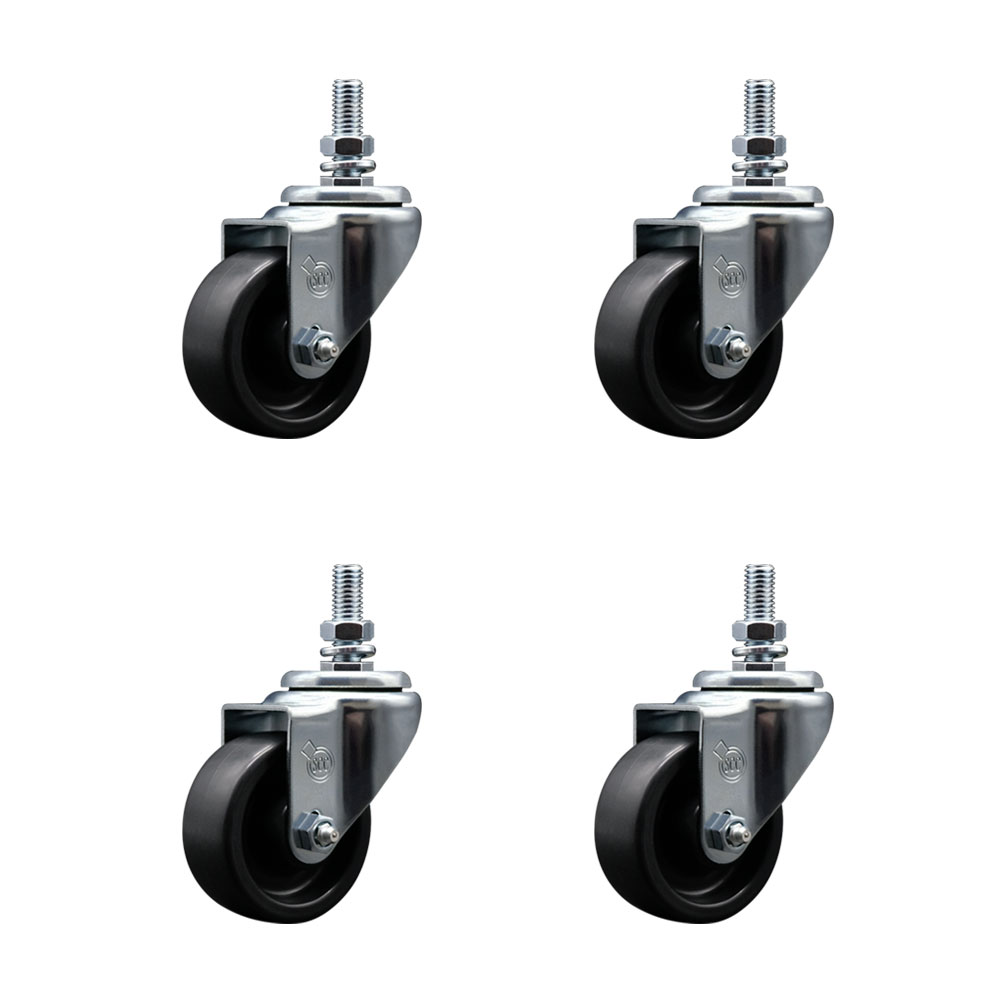 Polyolefin Swivel Threaded Stem Caster Wheels Set of 4 with 3 Inch Black Wheels and 12mm Stems - Includes 4 Swivel - 1200 lbs. Total Capacity - Service Caster Brand — photo 1