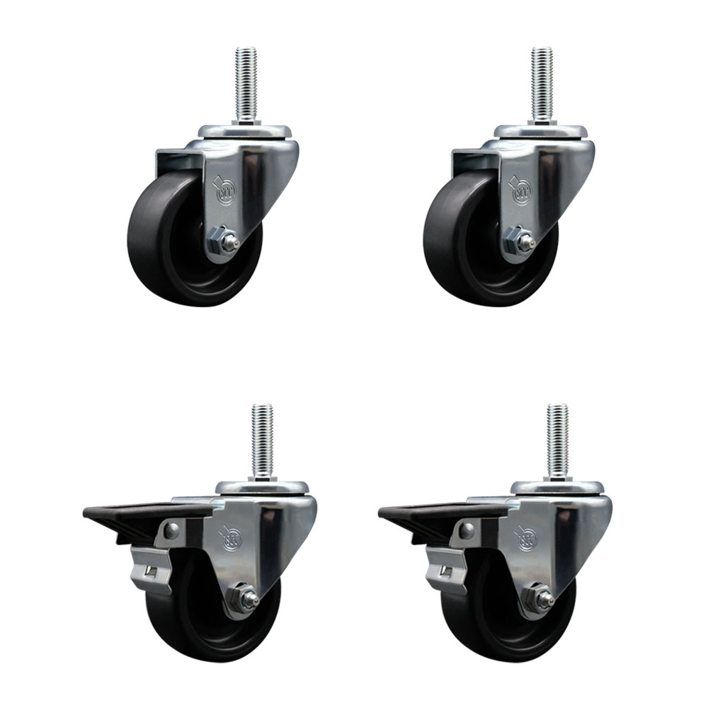 Polyolefin Swivel Threaded Stem Caster Wheels Set of 4 with 3 Inch Black Wheels and 3/4" Stems - Includes 2 with Posi Lock Brakes - 1200 lbs. Total Capacity - Service Caster Brand — photo 1