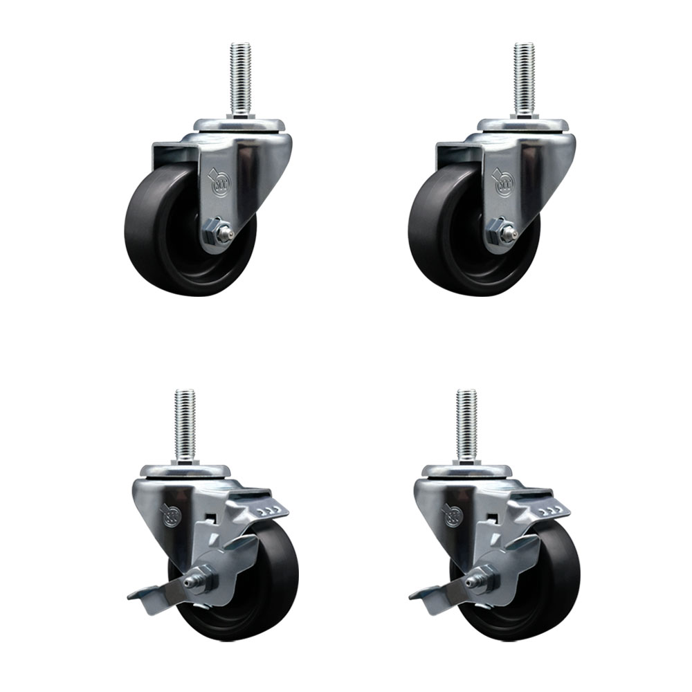 Polyolefin Swivel Threaded Stem Caster Wheels Set of 4 with 3 Inch Black Wheels and 3/4" Stems - Includes 2 with Top Lock Brakes - 1200 lbs. Total Capacity - Service Caster Brand — photo 1