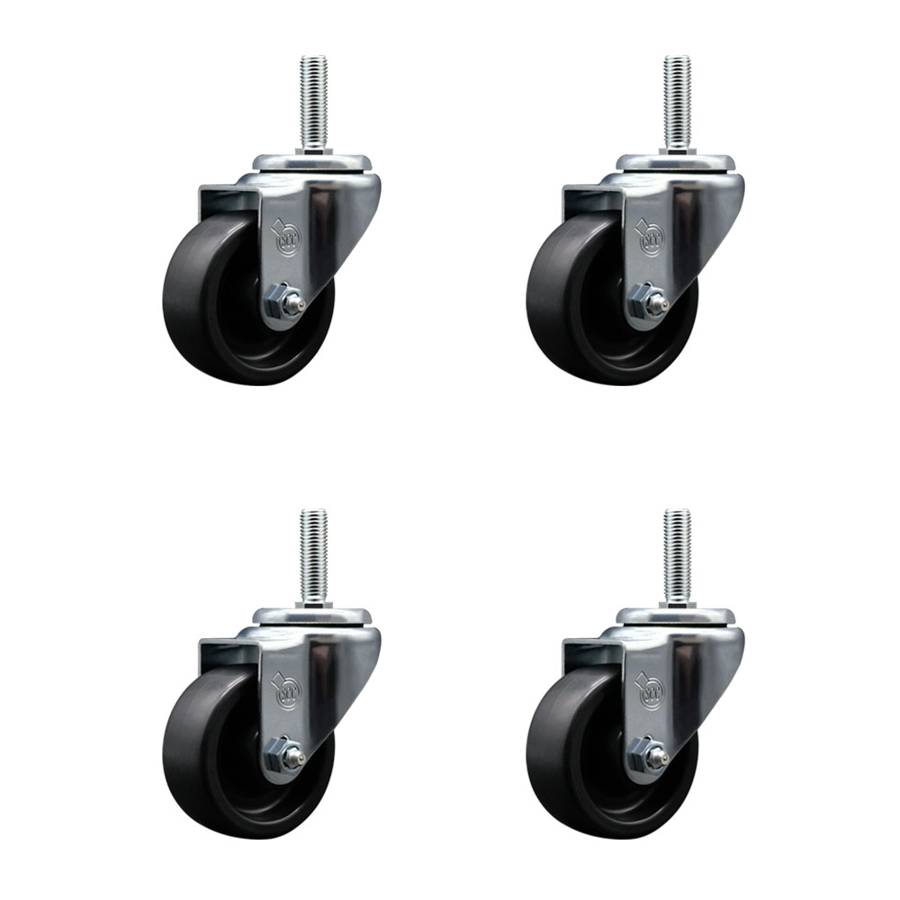 Polyolefin Swivel Threaded Stem Caster Wheels Set of 4 with 3 Inch Black Wheels and 3/4" Stems - Includes 4 Swivel - 1200 lbs. Total Capacity - Service Caster Brand — photo 1