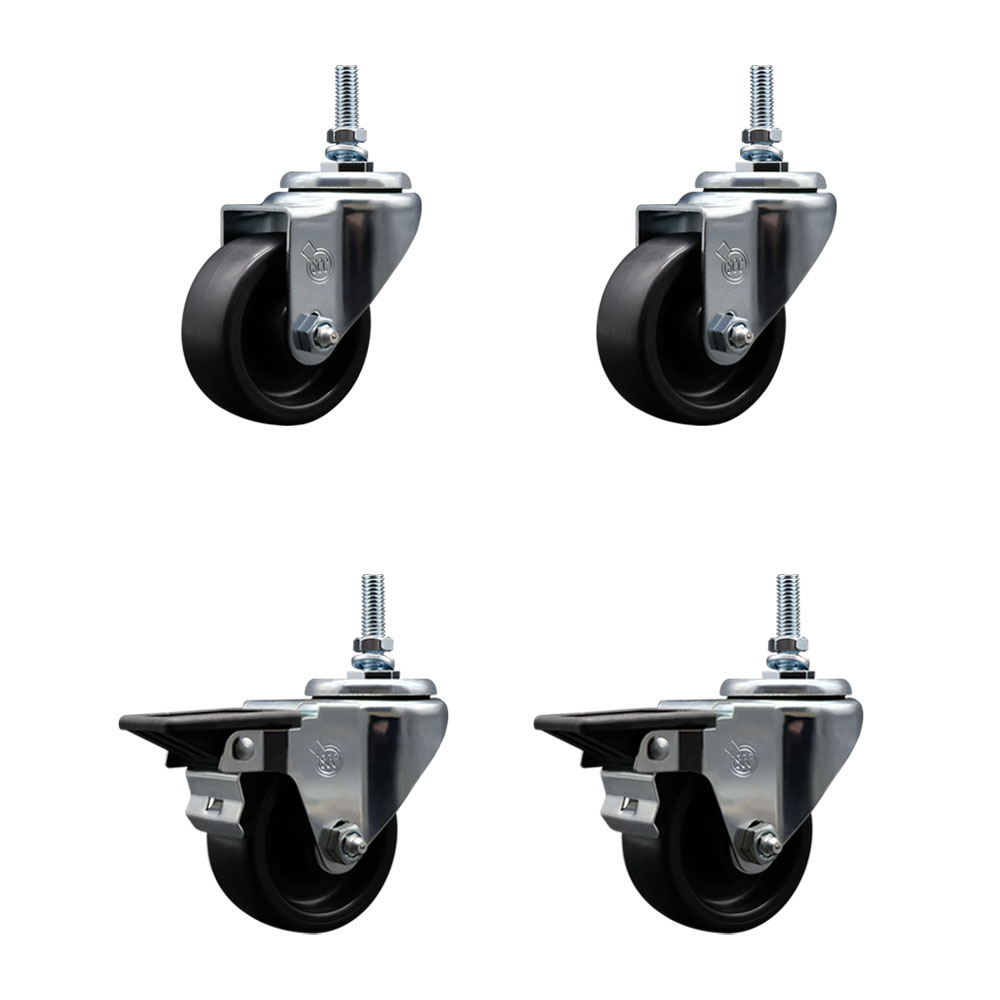 Polyolefin Swivel Threaded Stem Caster Wheels Set of 4 with 3 Inch Black Wheels and 10mm Stems - Includes 2 with Posi Lock Brakes - 1200 lbs. Total Capacity - Service Caster Brand — photo 1