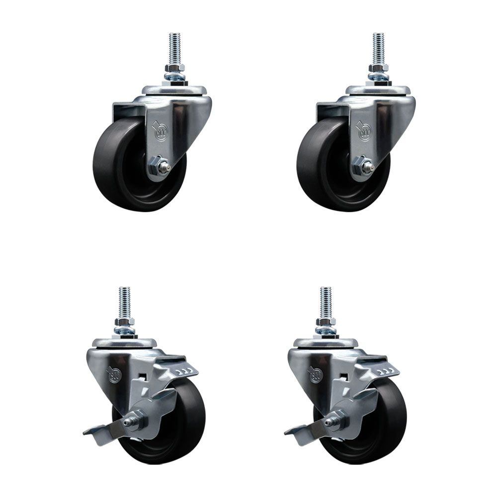Polyolefin Swivel Threaded Stem Caster Wheels Set of 4 with 3 Inch Black Wheels and 3/8" Stems - Includes 2 with Top Lock Brakes - 1200 lbs. Total Capacity - Service Caster Brand — photo 1