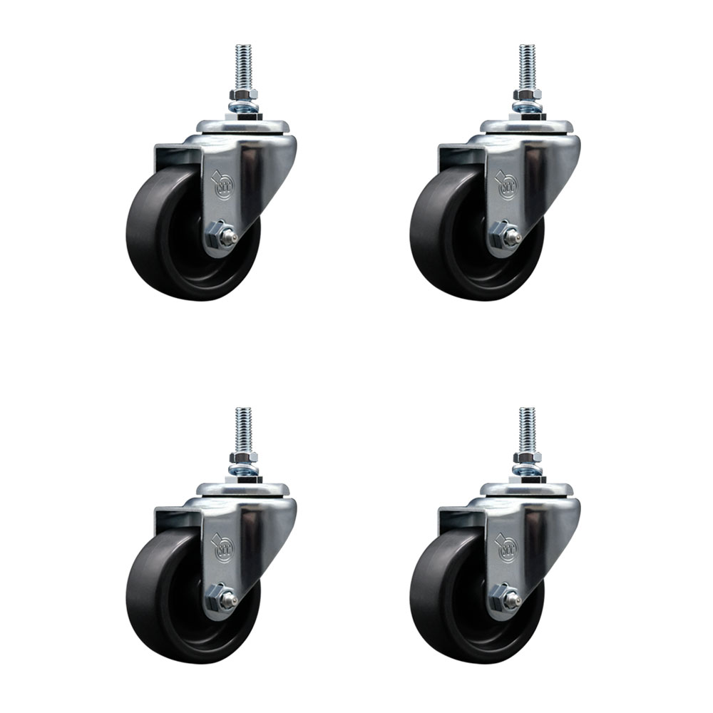 Polyolefin Swivel Threaded Stem Caster Wheels Set of 4 with 3 Inch Black Wheels and 3/8" Stems - Includes 4 Swivel - 1200 lbs. Total Capacity - Service Caster Brand — photo 1