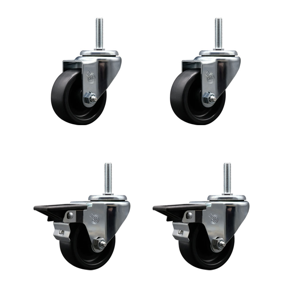 Polyolefin Swivel Threaded Stem Caster Wheels Set of 4 with 3 Inch Black Wheels and 5/8" Stems - Includes 2 with Posi Lock Brakes - 1200 lbs. Total Capacity - Service Caster Brand — photo 1