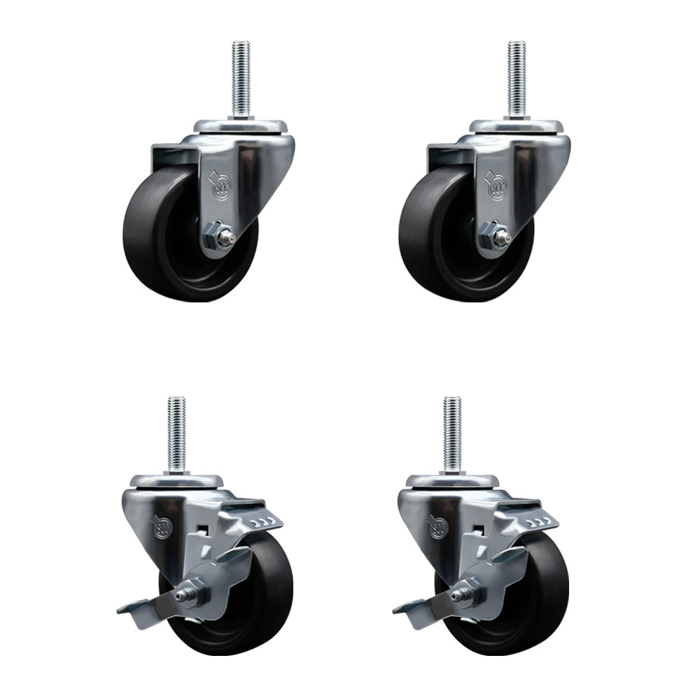Polyolefin Swivel Threaded Stem Caster Wheels Set of 4 with 3 Inch Black Wheels and 5/8" Stems - Includes 2 with Top Lock Brakes - 1200 lbs. Total Capacity - Service Caster Brand — photo 1