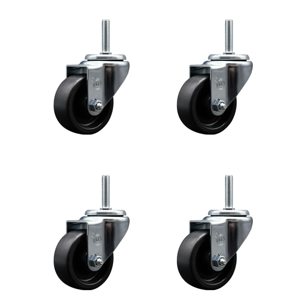 Polyolefin Swivel Threaded Stem Caster Wheels Set of 4 with 3 Inch Black Wheels and 5/8" Stems - Includes 4 Swivel - 1200 lbs. Total Capacity - Service Caster Brand — photo 1