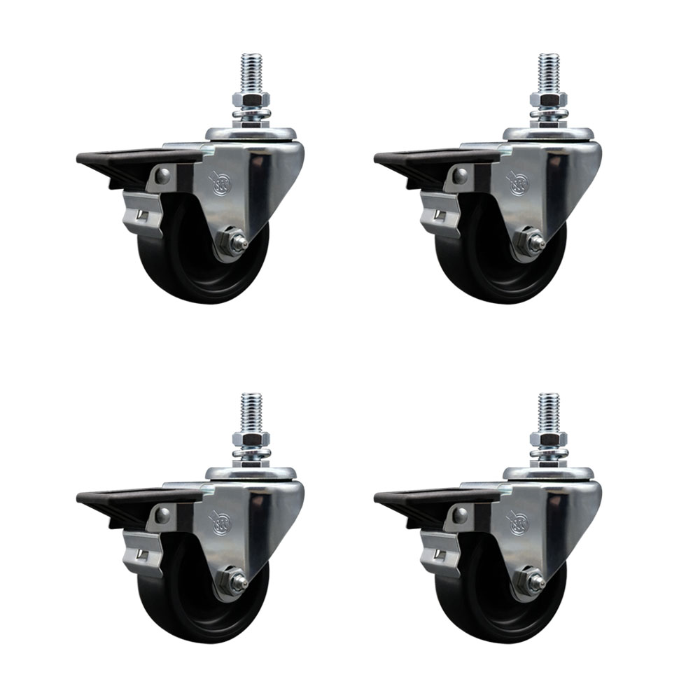 Polyolefin Swivel Threaded Stem Caster Wheels Set of 4 with 3 Inch Black Wheels and 12mm Stems - Includes 4 with Posi Lock Brakes - 1200 lbs. Total Capacity - Service Caster Brand — photo 1