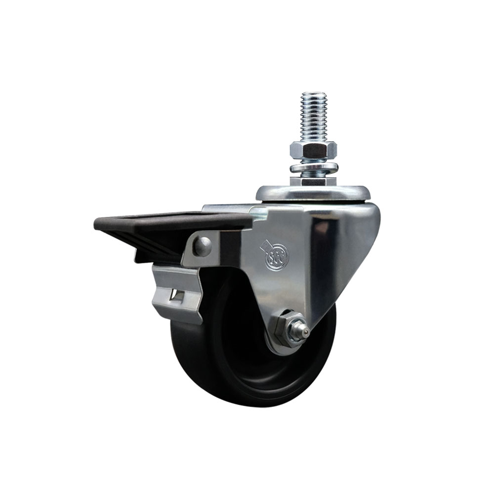 Polyolefin Swivel Threaded Stem Caster Wheel with 3 Inch Black Wheel and 3/4" Stem and Posi Lock Brake - 300 lbs. Capacity/Caster - Service Caster Brand — photo 1