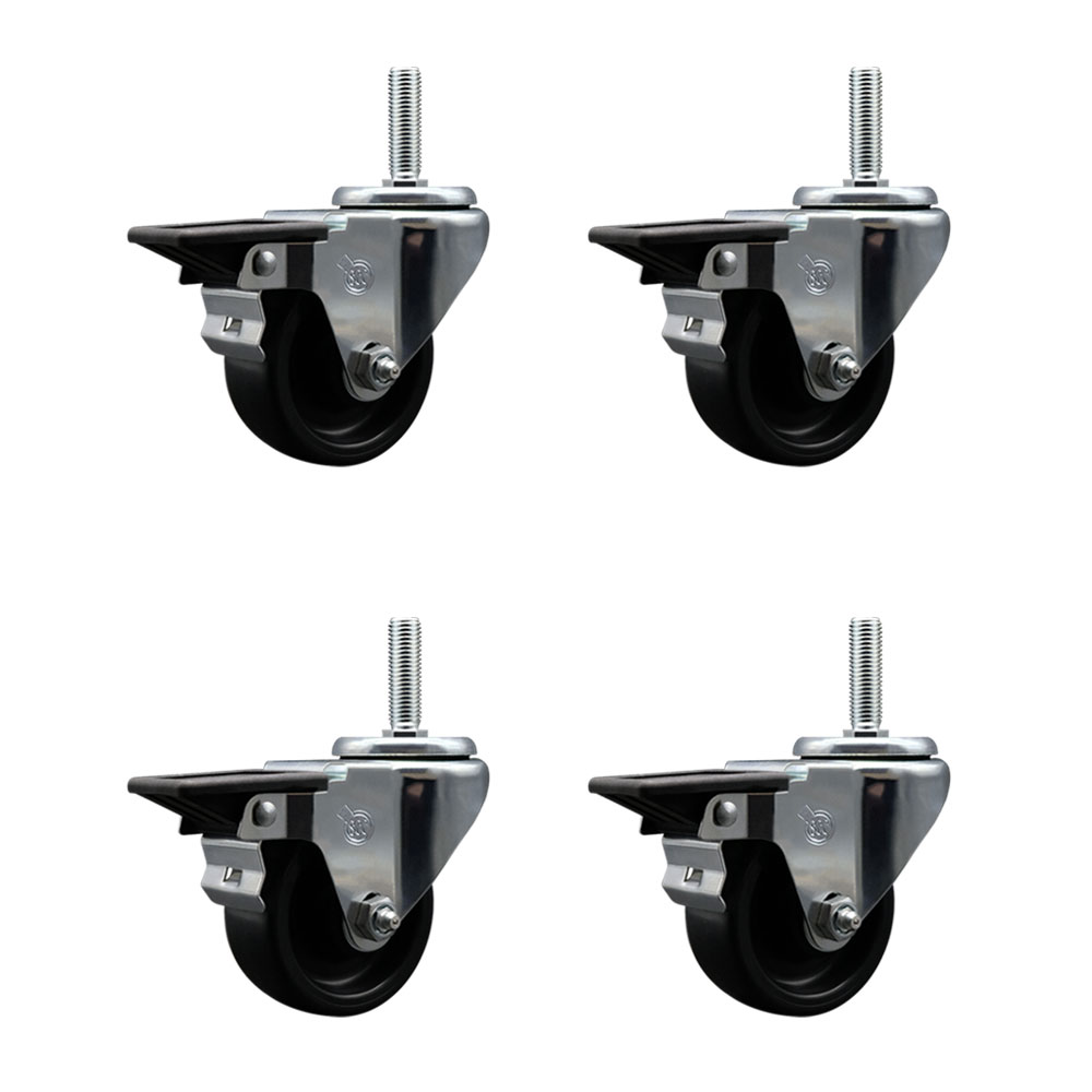 Polyolefin Swivel Threaded Stem Caster Wheels Set of 4 with 3 Inch Black Wheels and 3/4" Stems - Includes 4 with Posi Lock Brakes - 1200 lbs. Total Capacity - Service Caster Brand — photo 1
