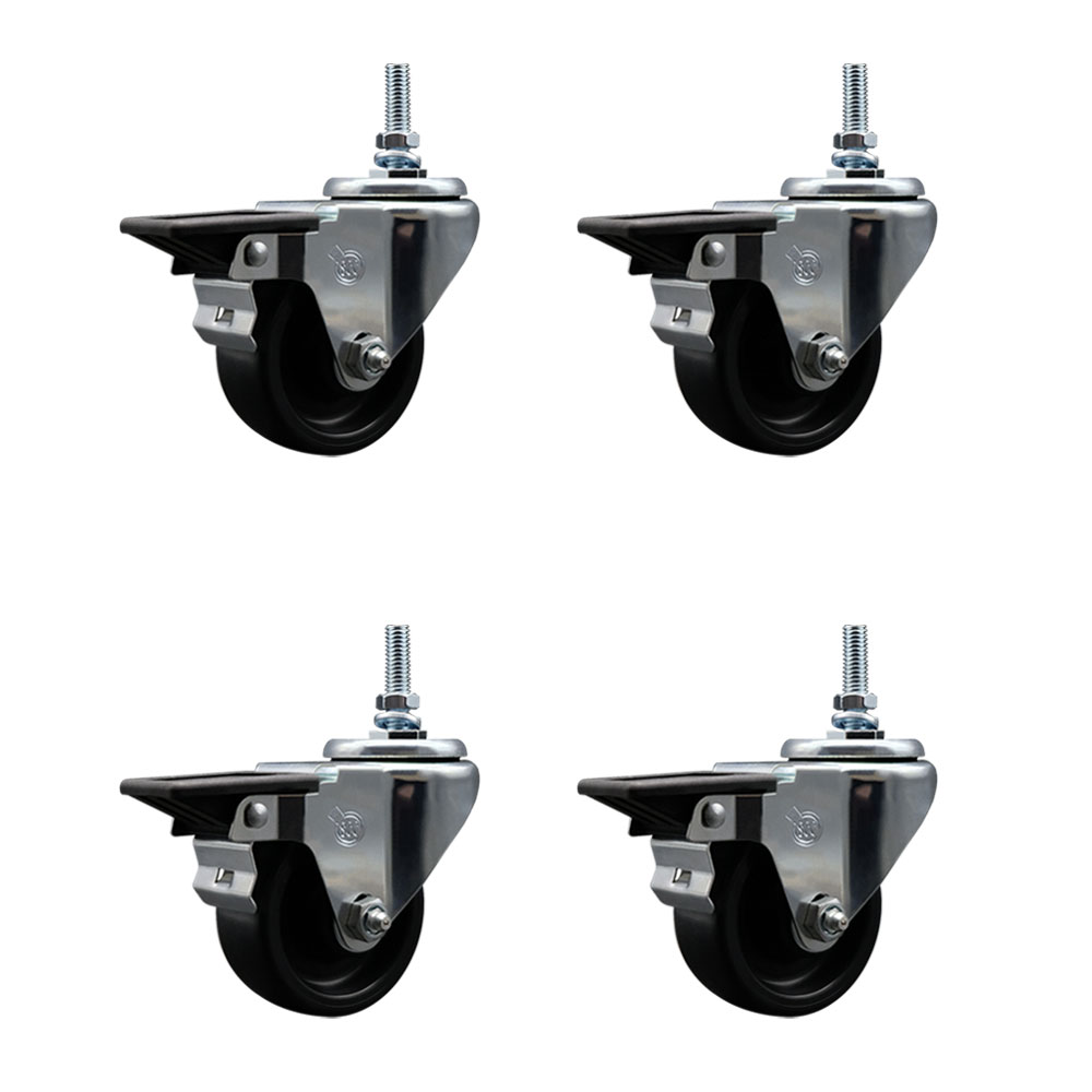 Polyolefin Swivel Threaded Stem Caster Wheels Set of 4 with 3 Inch Black Wheels and 10mm Stems - Includes 4 with Posi Lock Brakes - 1200 lbs. Total Capacity - Service Caster Brand — photo 1