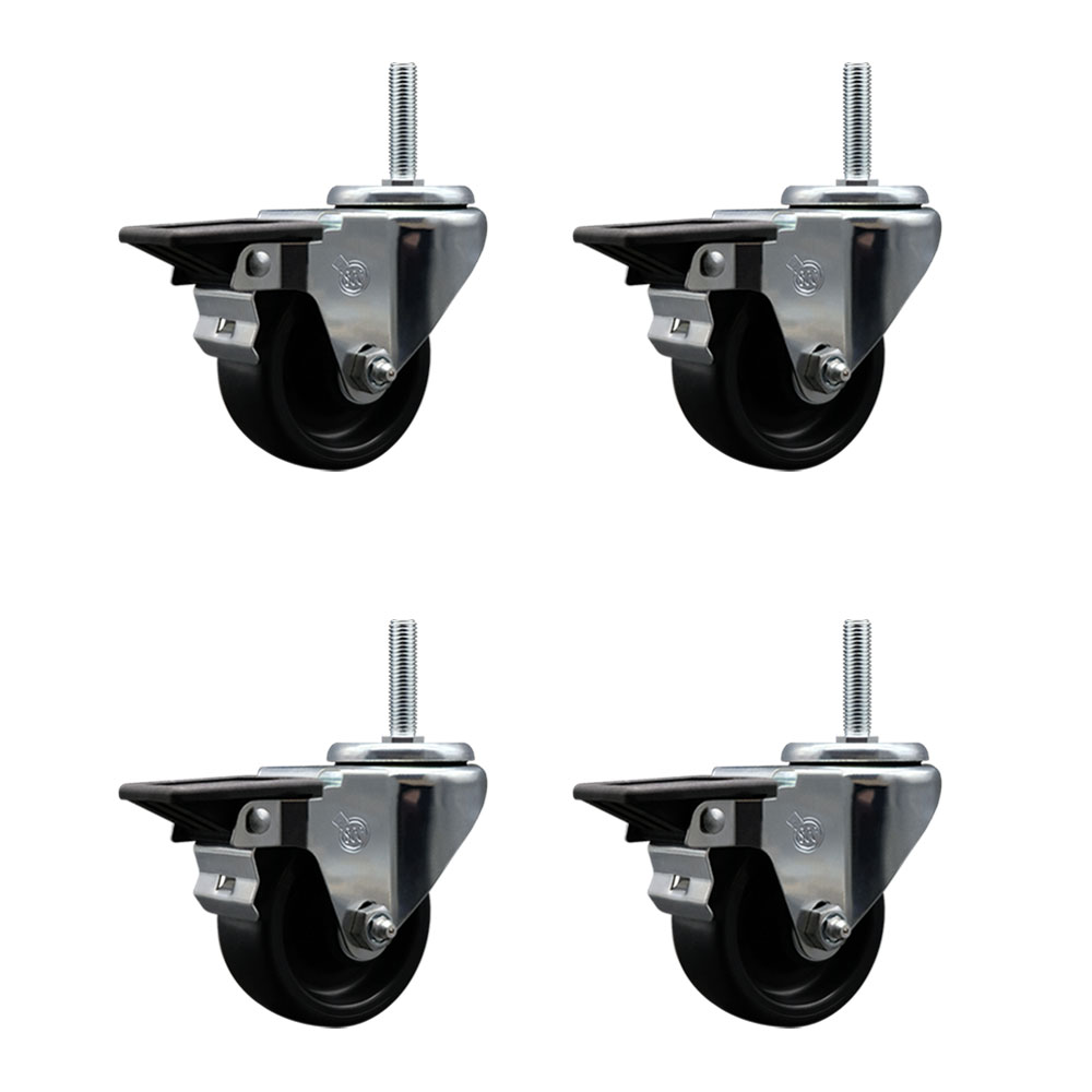 Polyolefin Swivel Threaded Stem Caster Wheels Set of 4 with 3 Inch Black Wheels and 5/8" Stems - Includes 4 with Posi Lock Brakes - 1200 lbs. Total Capacity - Service Caster Brand — photo 1