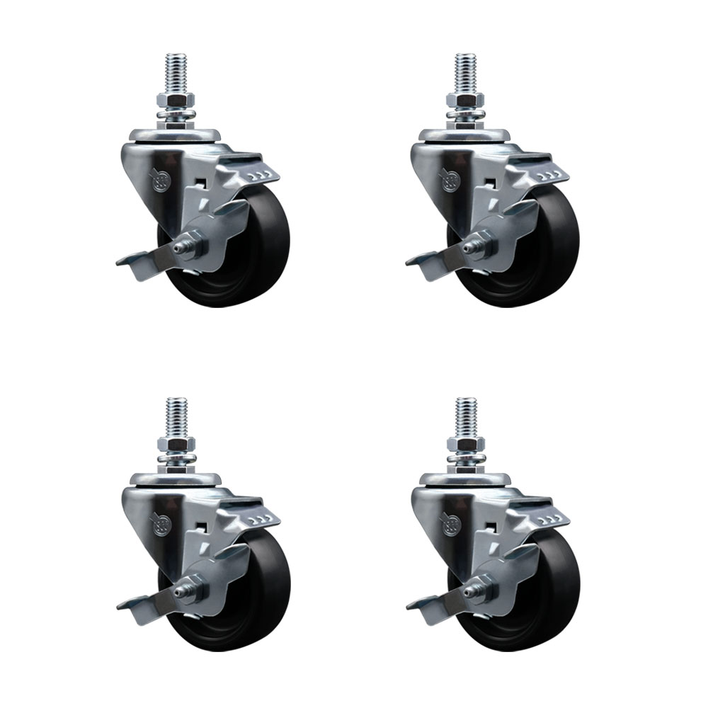 Polyolefin Swivel Threaded Stem Caster Wheels Set of 4 with 3 Inch Black Wheels and 12mm Stems - Includes 4 with Top Lock Brakes - 1200 lbs. Total Capacity - Service Caster Brand — photo 1