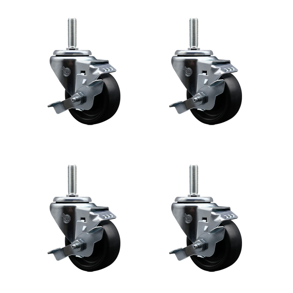Polyolefin Swivel Threaded Stem Caster Wheels Set of 4 with 3 Inch Black Wheels and 3/4" Stems - Includes 4 with Top Lock Brakes - 1200 lbs. Total Capacity - Service Caster Brand — photo 1