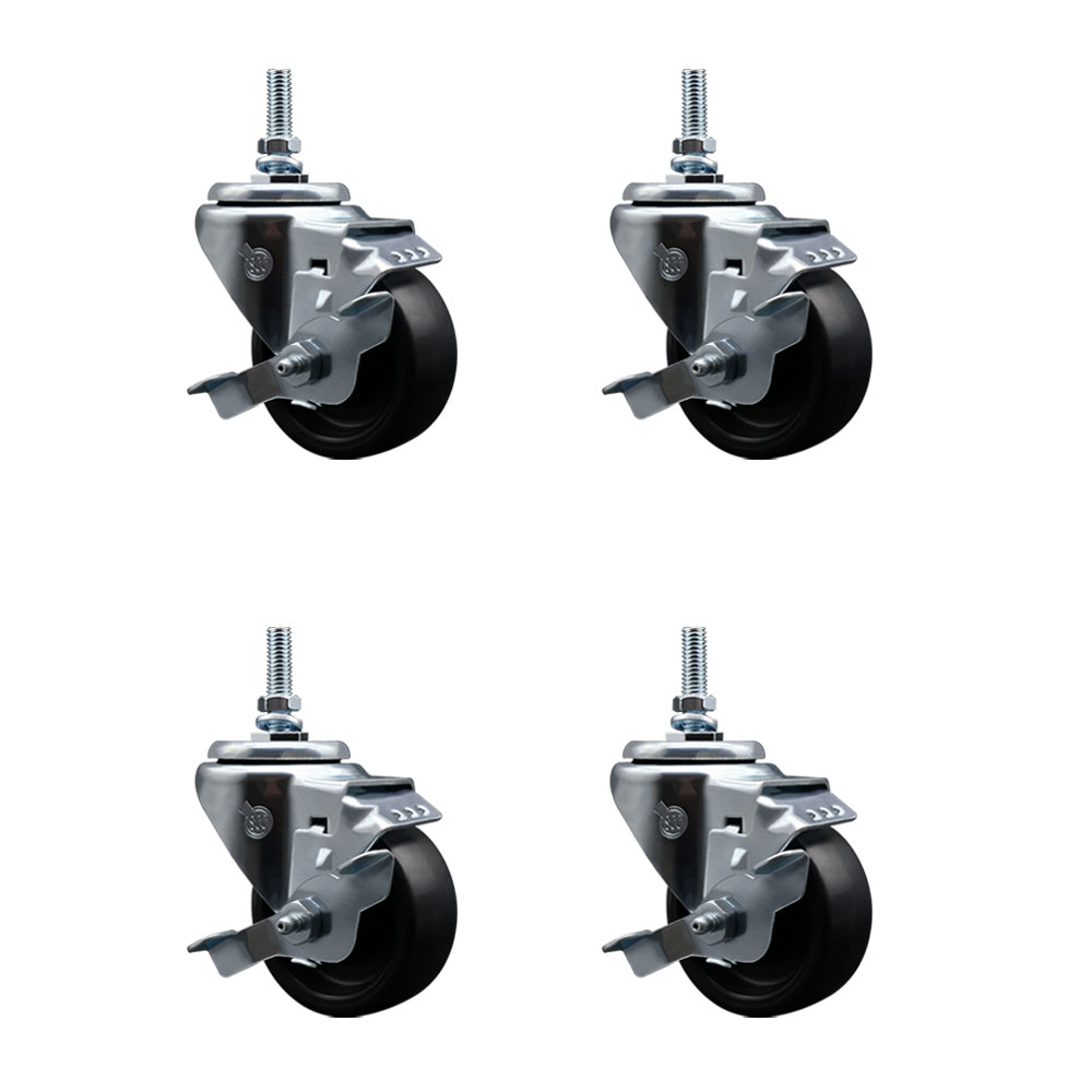 Polyolefin Swivel Threaded Stem Caster Wheels Set of 4 with 3 Inch Black Wheels and 3/8" Stems - Includes 4 with Top Lock Brakes - 1200 lbs. Total Capacity - Service Caster Brand — photo 1