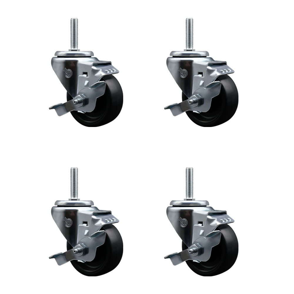Polyolefin Swivel Threaded Stem Caster Wheels Set of 4 with 3 Inch Black Wheels and 5/8" Stems - Includes 4 with Top Lock Brakes - 1200 lbs. Total Capacity - Service Caster Brand — photo 1