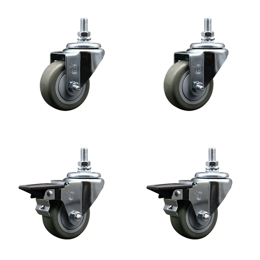 Polyurethane Swivel Threaded Stem Caster Set of 4 w/3" x 1.25" Gray Wheels and 1/2" Stems - Includes 2 with Posi Locking Brake - 1,200 lbs Total Capacity - Service Caster Brand — photo 1
