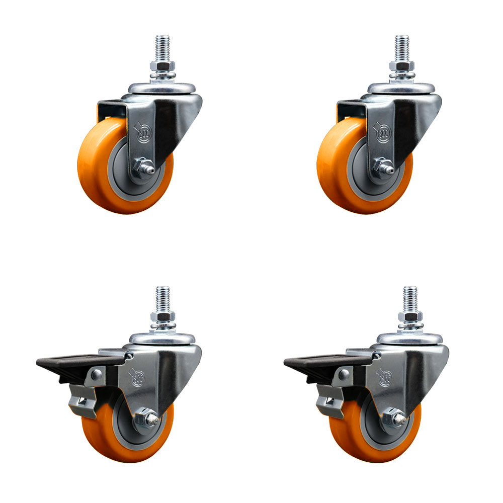 Polyurethane Swivel Threaded Stem Caster Set of 4 w/3" x 1.25" Orange Wheels and 1/2" Stems - Includes 2 with Posi Locking Brake - 1,200 lbs Total Capacity - Service Caster Brand — photo 1