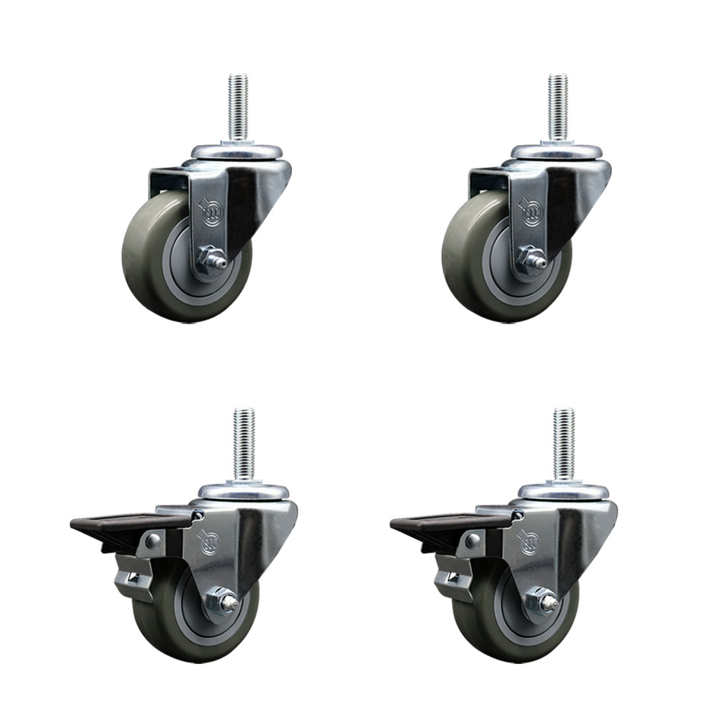 Polyurethane Swivel Threaded Stem Caster Set of 4 w/3" x 1.25" Gray Wheels and 3/4" Stems - Includes 2 with Posi Locking Brake - 1,200 lbs Total Capacity - Service Caster Brand — photo 1