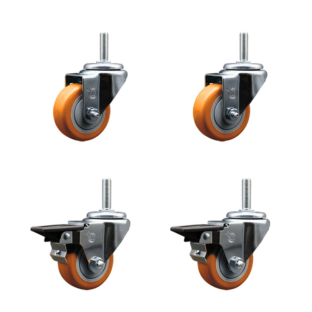 Polyurethane Swivel Threaded Stem Caster Set of 4 w/3" x 1.25" Orange Wheels and 3/4" Stems - Includes 2 with Posi Locking Brake - 1,200 lbs Total Capacity - Service Caster Brand — photo 1